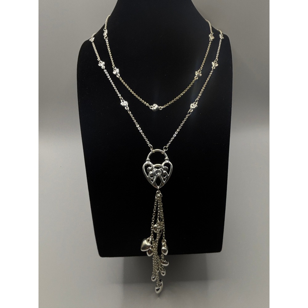 Candies Breaking Hearts Silver Tone Layered Heart Lock Tassel Necklace 27 Inch